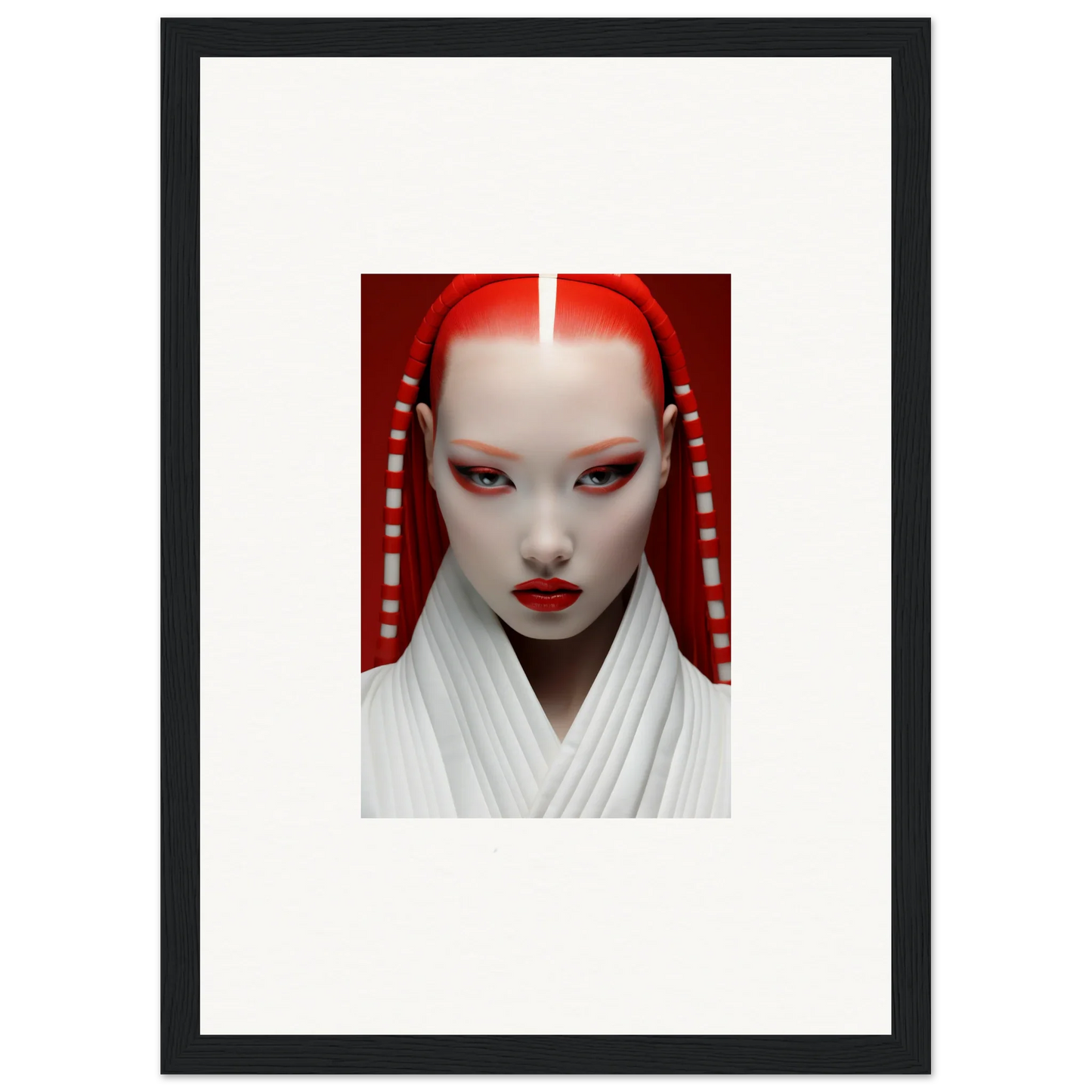 Striking portrait of a figure with white face makeup and red accents on Pome Artcard Whisper