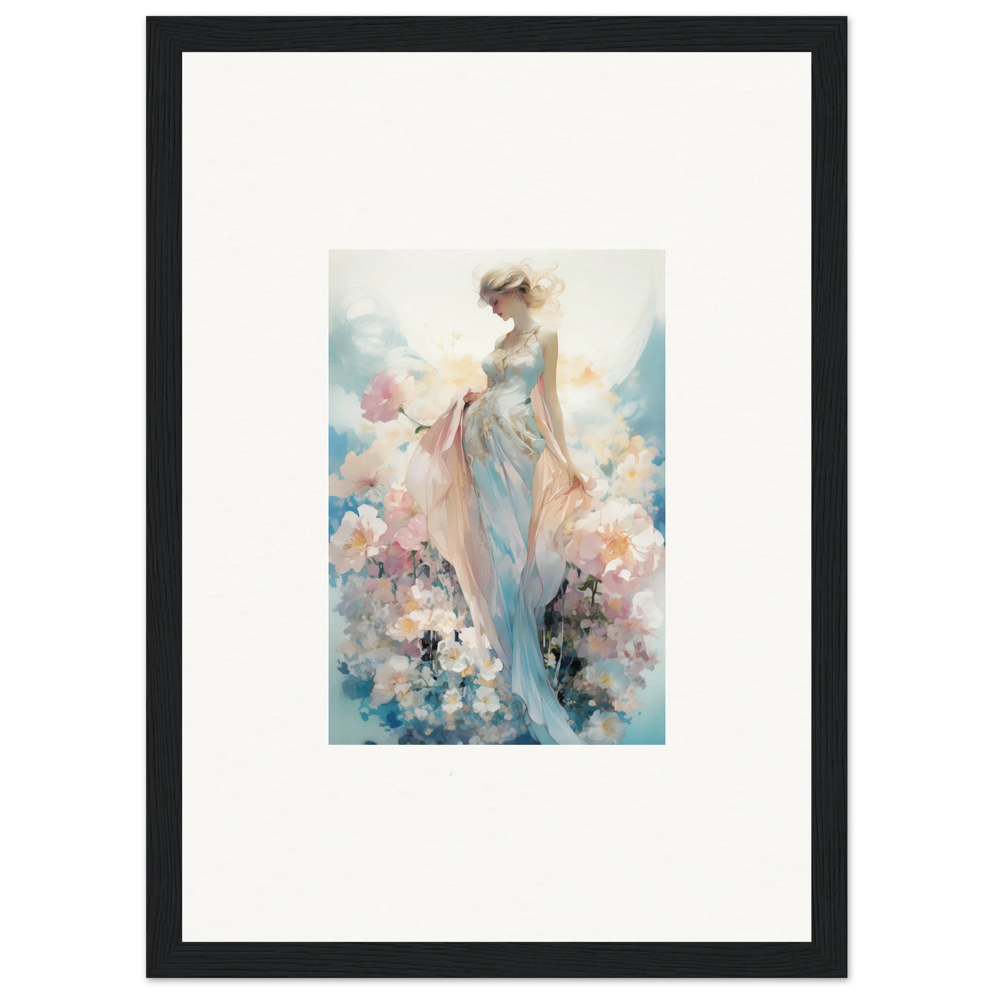 Framed watercolor painting of a dreamy female figure among pastel flowers for room decoration