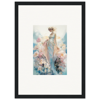 Framed watercolor painting of a dreamy female figure among pastel flowers for room decoration