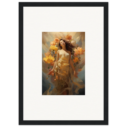 A vibrant canvas print of a woman with flowing hair and autumn blossoms for room decoration