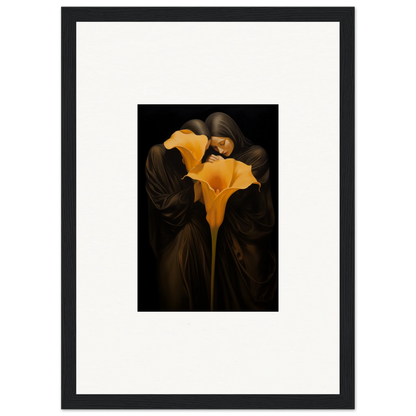 Two bright yellow calla lilies on a dark background, perfect for room decoration as part of the Bloom Couple canvas print