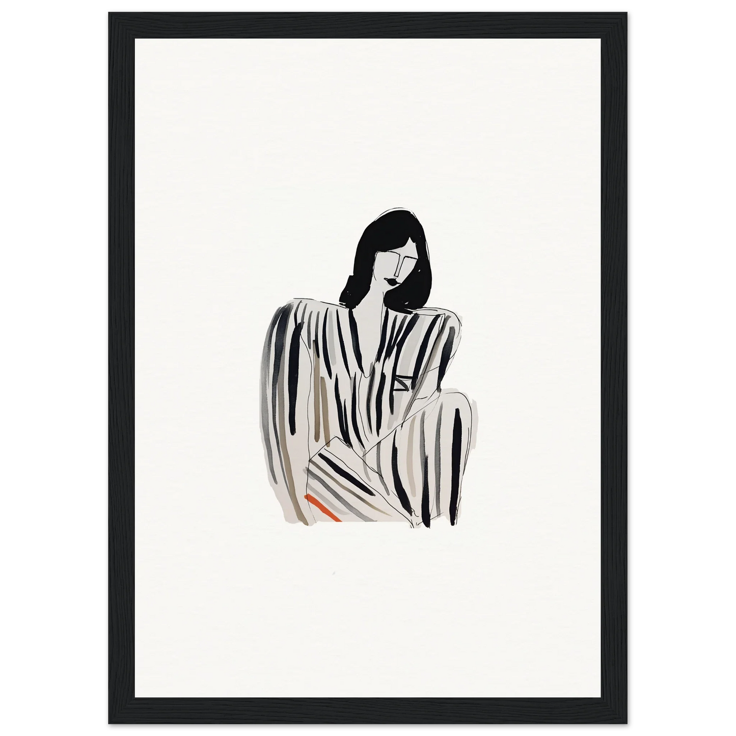 Minimalist black and white woman in striped dress, perfect for Whispers Formals room decoration