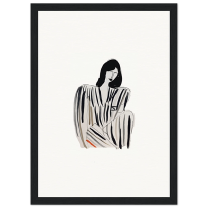 Minimalist black and white woman in striped dress, perfect for Whispers Formals room decoration