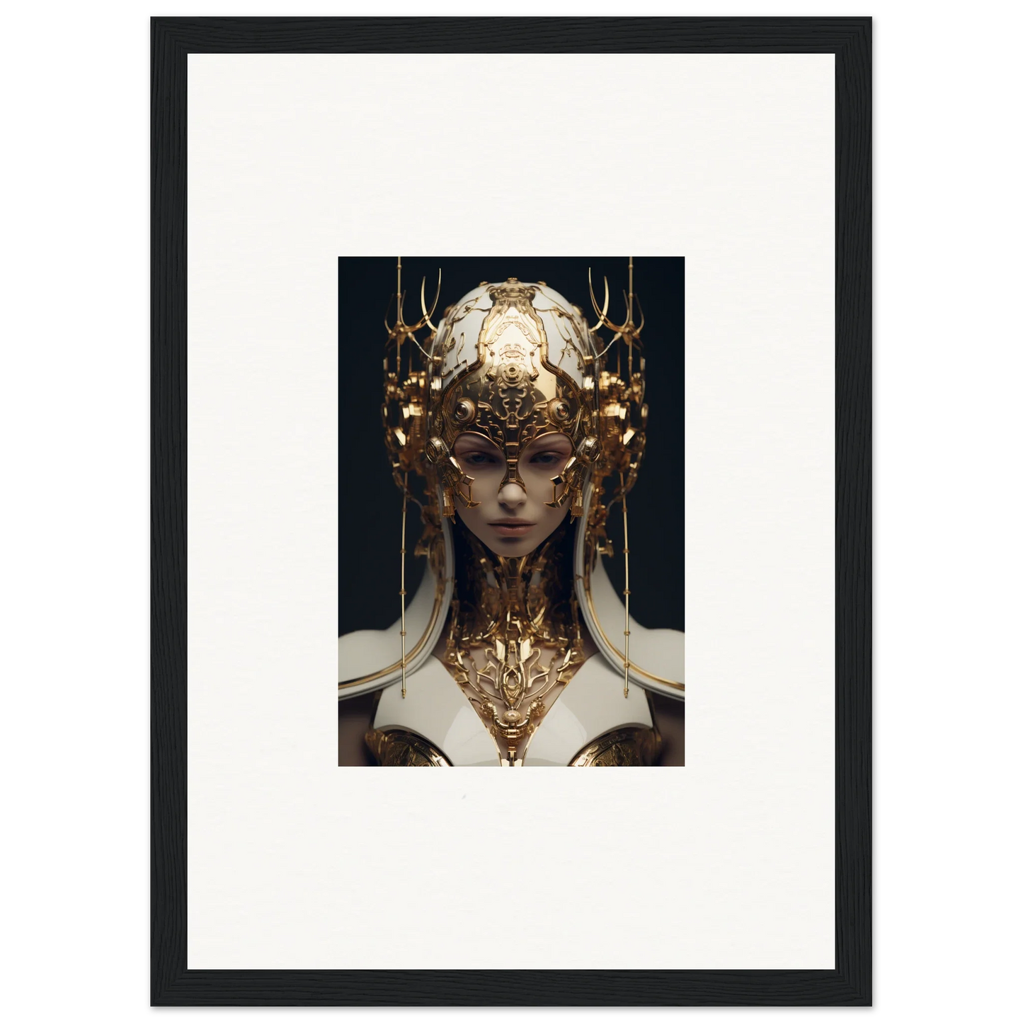 Ornate golden headdress and neck piece on a figure, perfect for ethereal sovereign room decoration