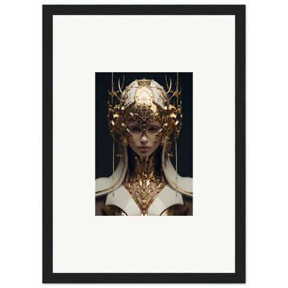 Ornate golden headdress and neck piece on a figure, perfect for ethereal sovereign room decoration