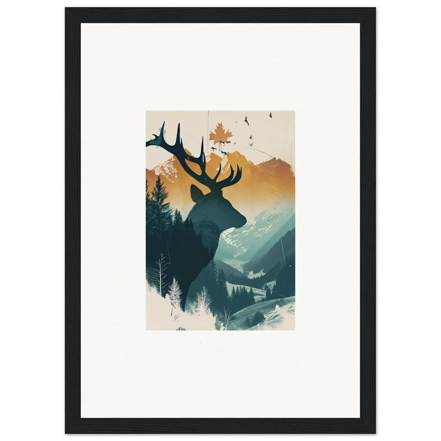 Framed canvas print of a deer silhouette in a stunning stag haze mountain scene