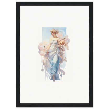 Watercolor painting of a woman in blue dress with flowers for a stunning bouquet waltz canvas print