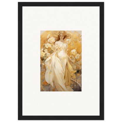 Framed canvas print of an ethereal woman in white and gold, perfect silk dream room decoration