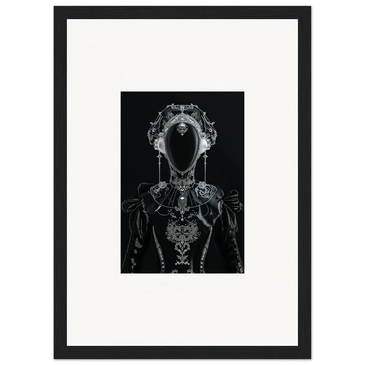 Skeletal figure with ornate details in black and white for unique canvas print room decoration