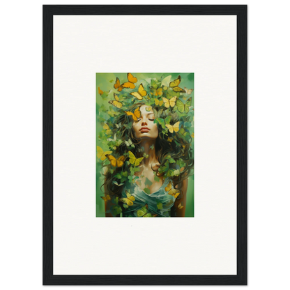 Vibrant painting of a woman with butterflies in her hair for chic room decoration