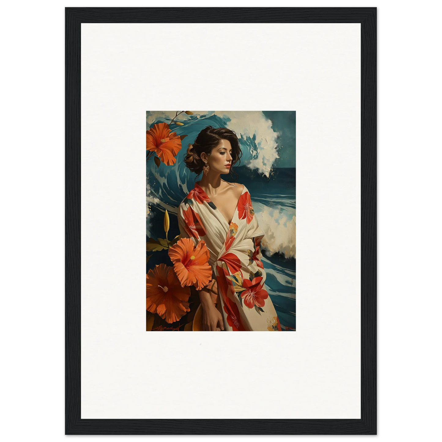 Framed canvas print of a woman in a floral dress for chic room decoration, Musing Cascade