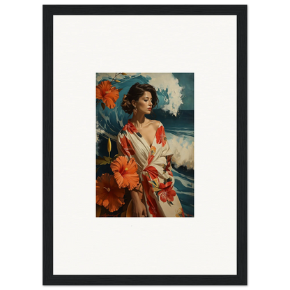 Framed canvas print of a woman in a floral dress for chic room decoration, Musing Cascade