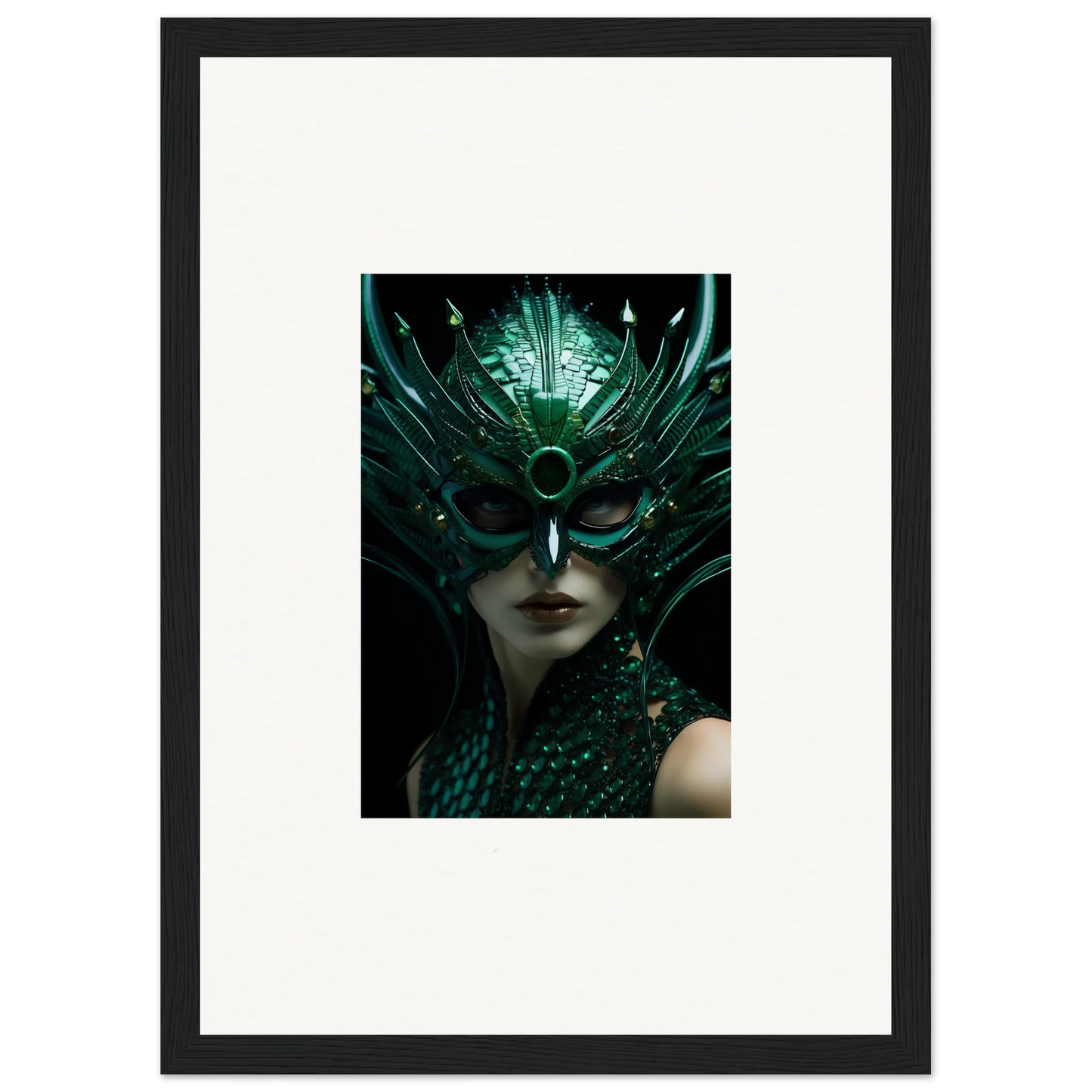 Framed Canvas Print of a Green Feathered Mask for Unique Room Decoration Enigma Enunciations