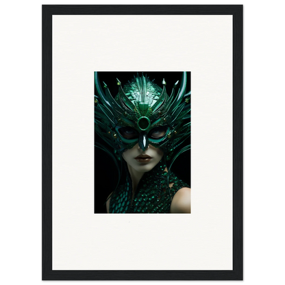 Framed Canvas Print of a Green Feathered Mask for Unique Room Decoration Enigma Enunciations