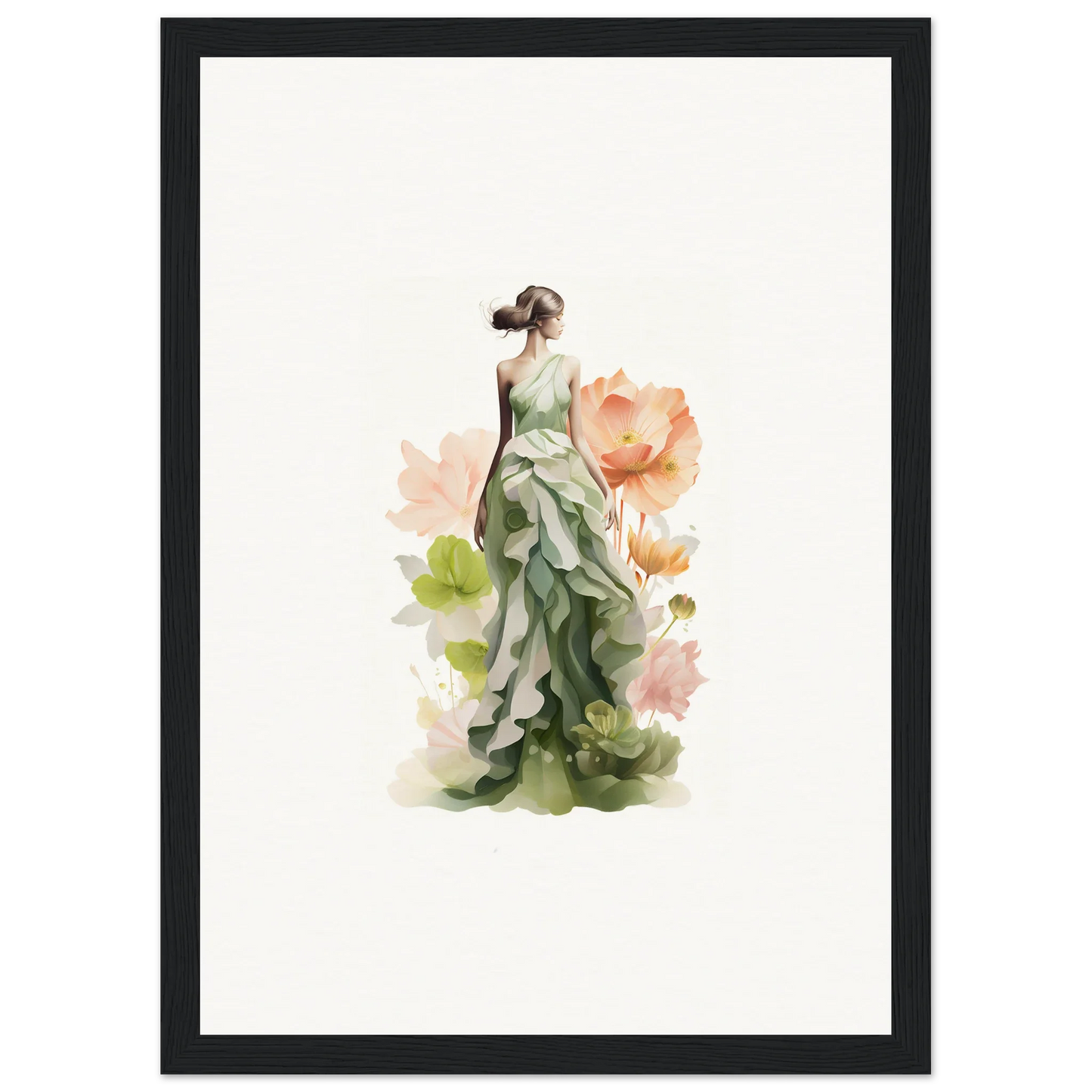 Watercolor painting of a woman in a green dress for spring symphony room decoration