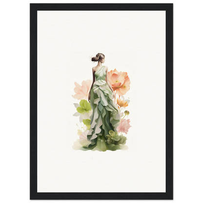 Watercolor painting of a woman in a green dress for spring symphony room decoration