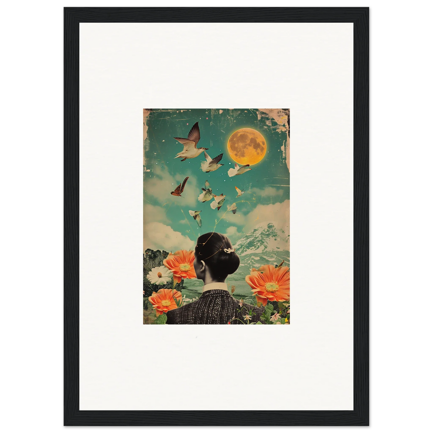 Framed canvas print of Lunar Bloom Reverie with a woman’s back and dreamy flowers