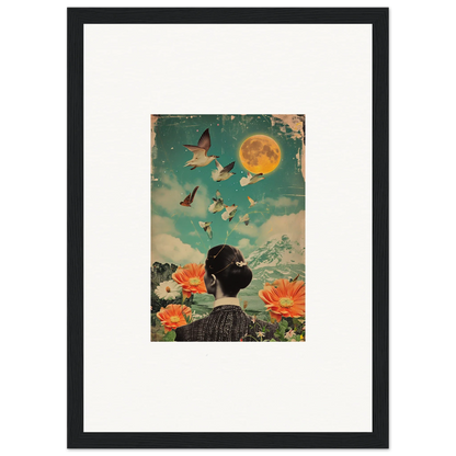 Framed canvas print of Lunar Bloom Reverie with a woman’s back and dreamy flowers