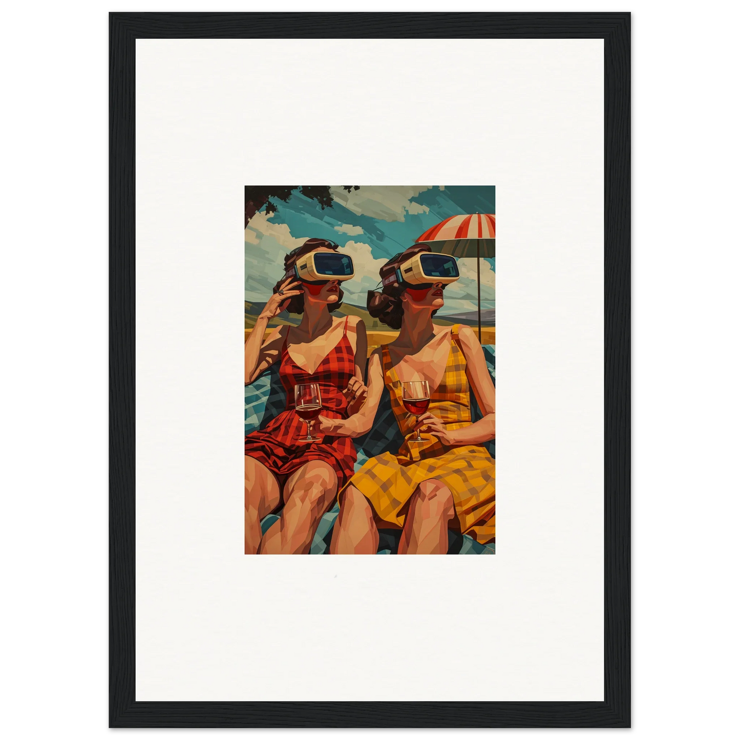 Framed canvas print of women in swimsuits with VR headsets enjoying morning sunshine