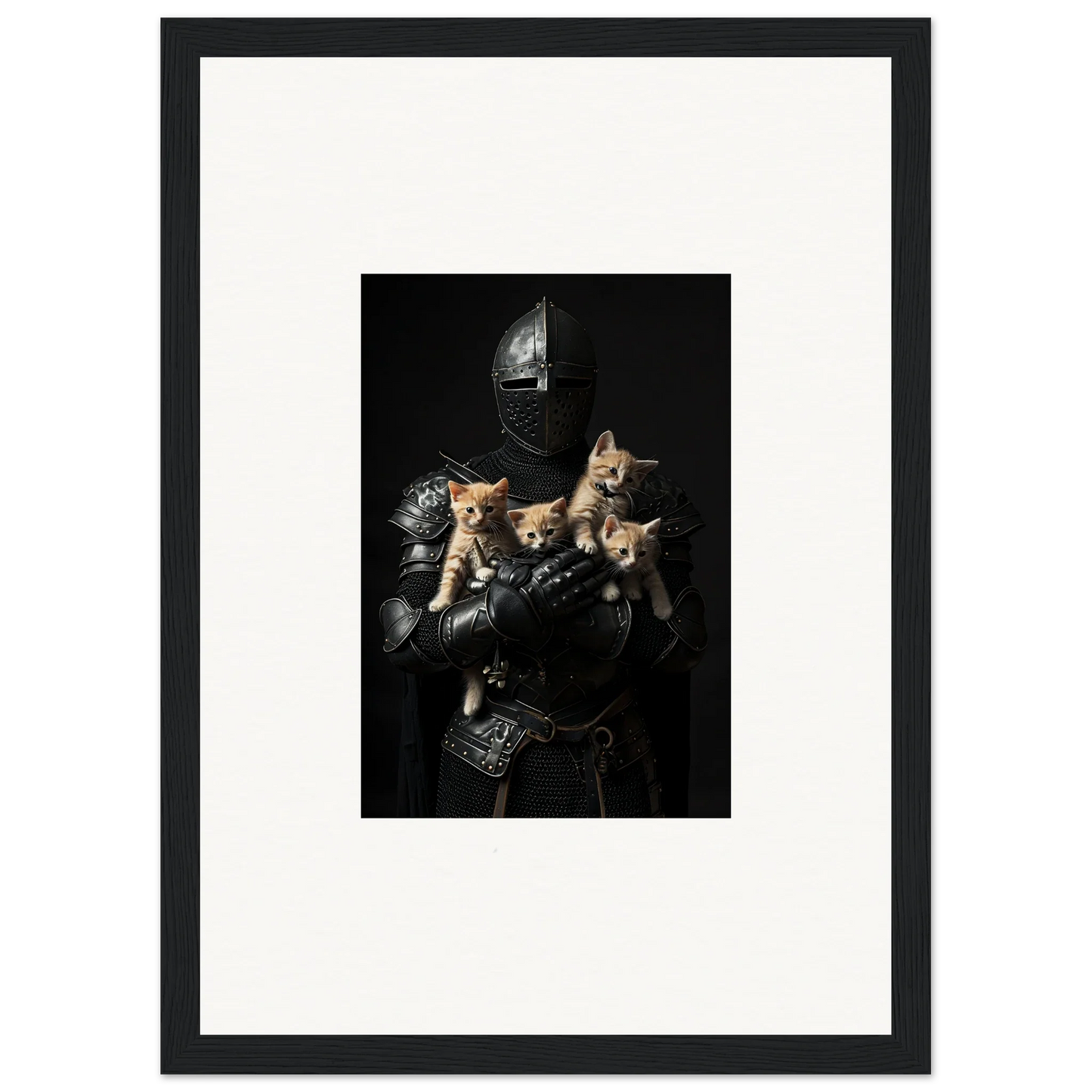 Medieval knight armor with playful kittens, perfect for your Feline Bashhut canvas print!