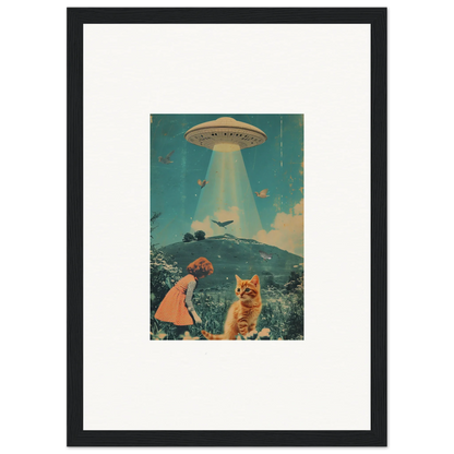 Framed collage of a UFO, child, and cat for quirky room decoration in Voyaging Moonflex