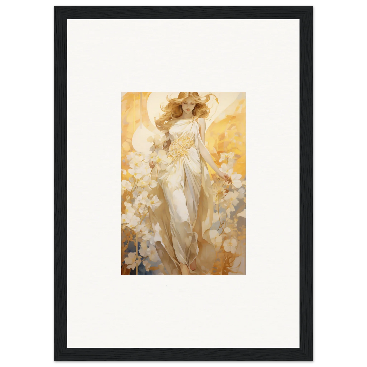 Ethereal Blossom Reverie canvas print of a woman in white robes with flowers for room decoration