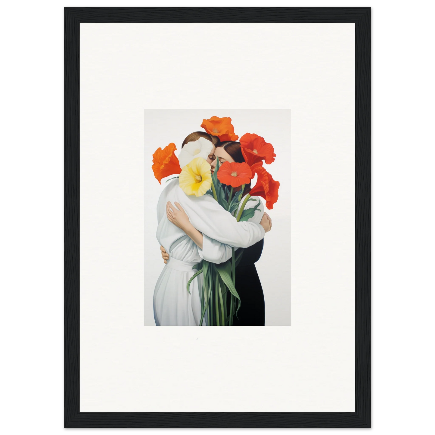 Framed canvas print of Floral Vortex Embrace with a figure and vibrant flowers for room decoration