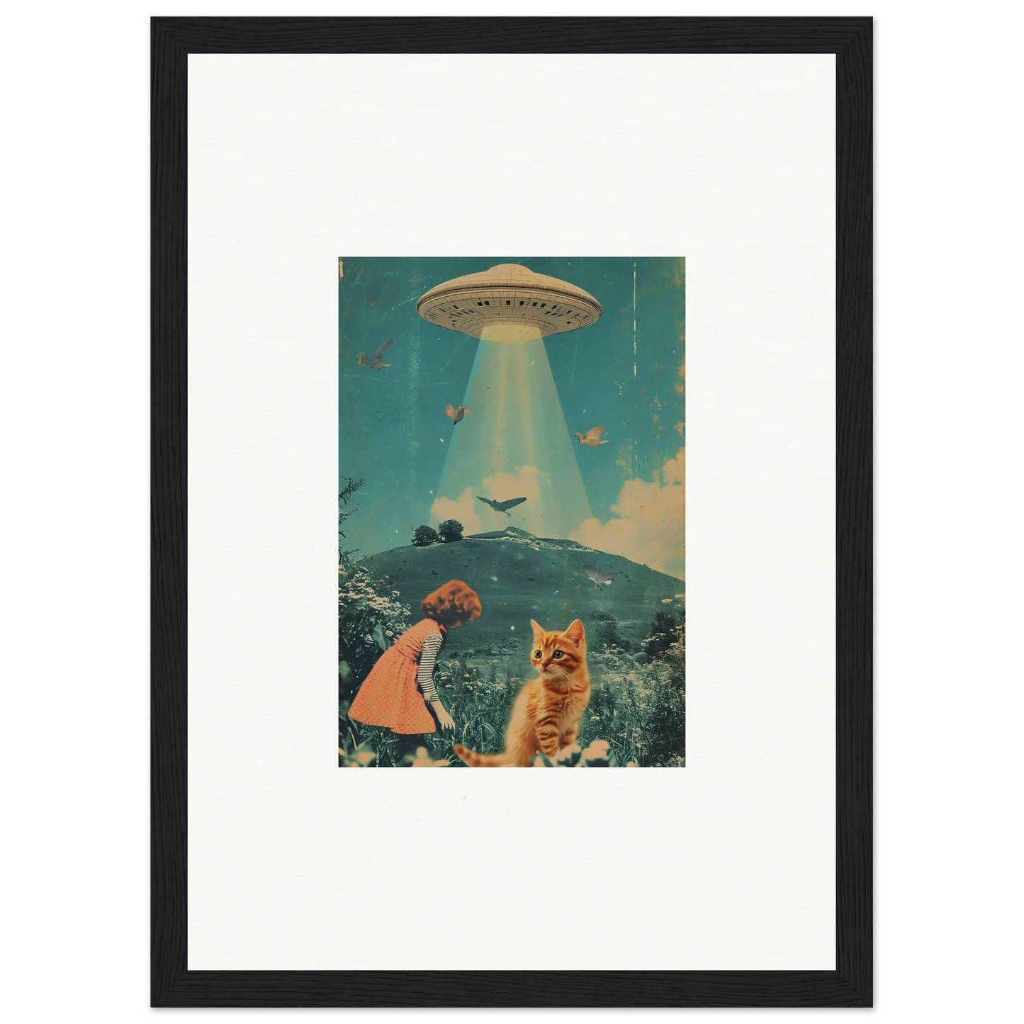 Framed collage artwork of a UFO, child, and cat for whimsical Thought Meadows room decoration