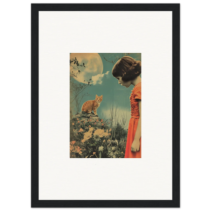 Framed vintage collage artwork of woman in red dress and cat for room decoration