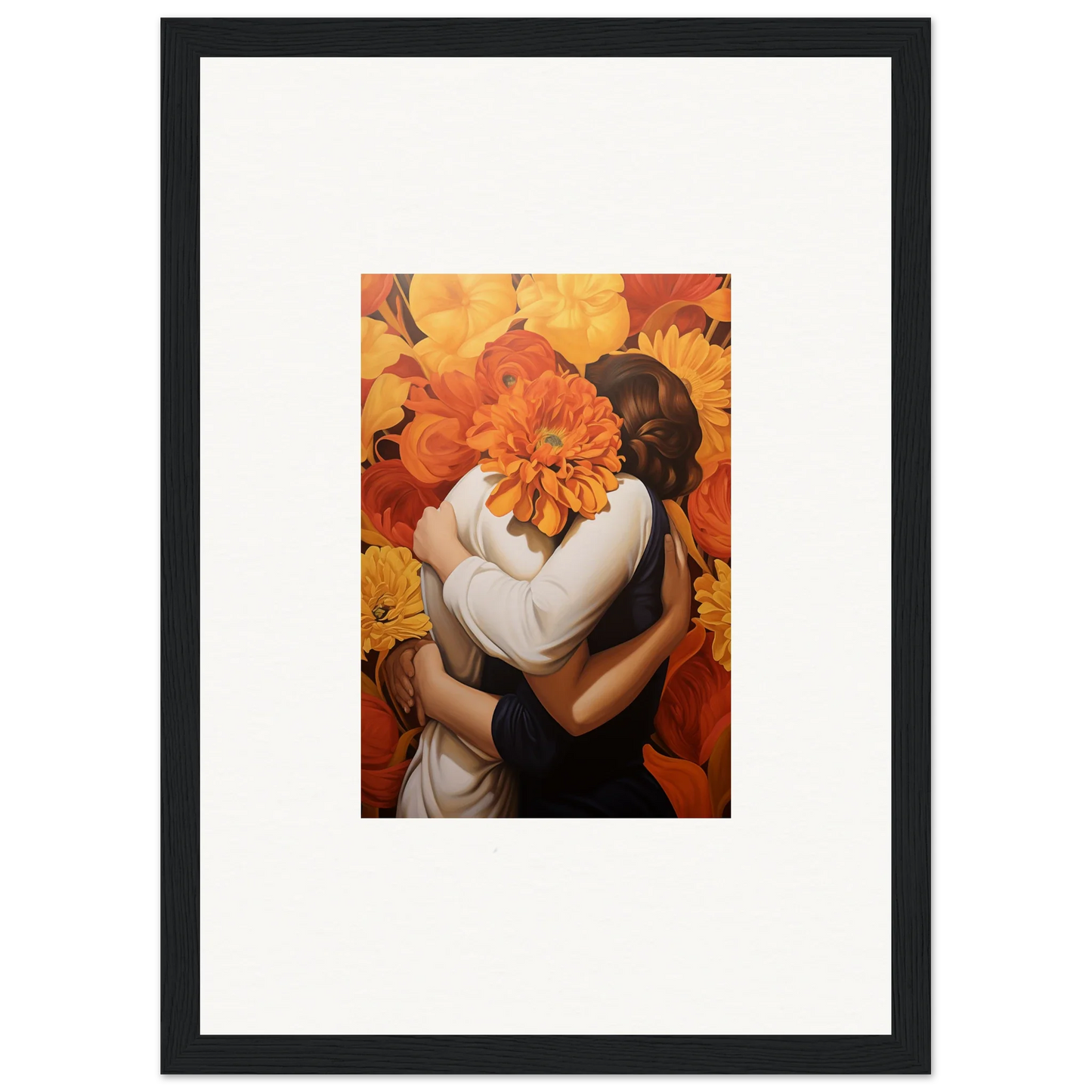 Framed Floral Euphoria Embrace canvas print of two figures with autumn flowers for room decoration