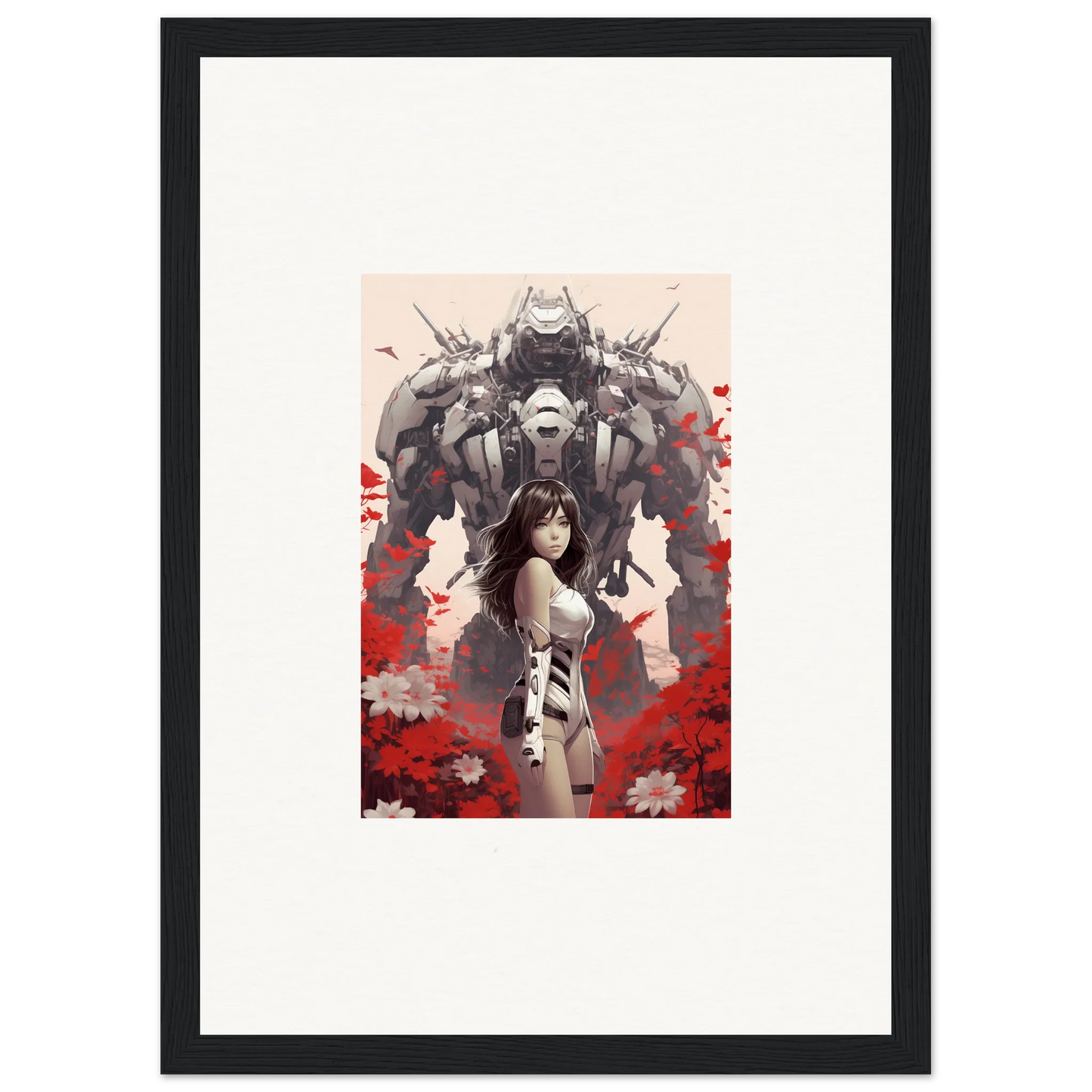 Framed canvas print of Poppy Lucidity with woman and creature, perfect for room decoration