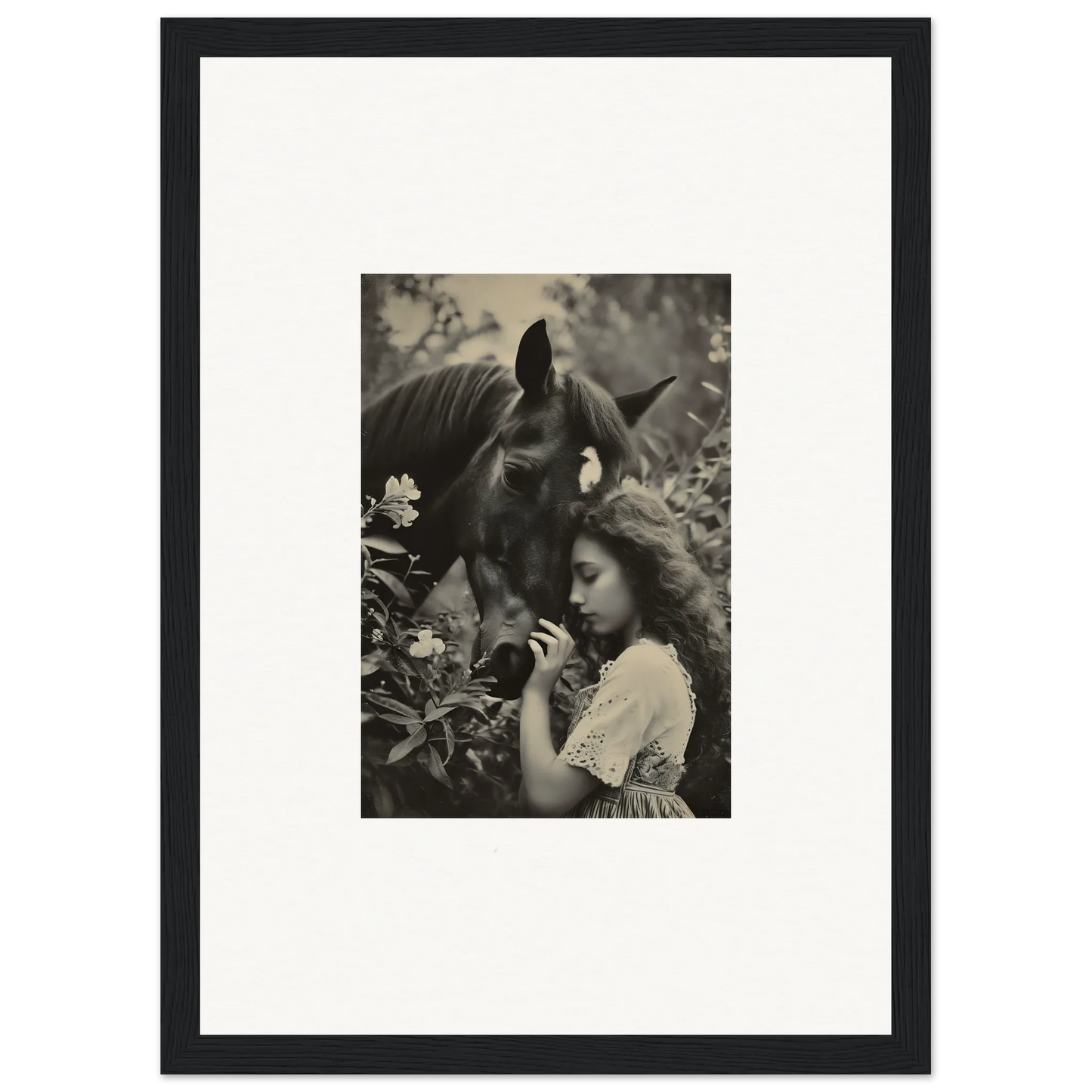 Black and white photo of a girl with a horse, perfect for Equinox Whispers decor