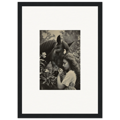 Black and white photo of a girl with a horse, perfect for Equinox Whispers decor