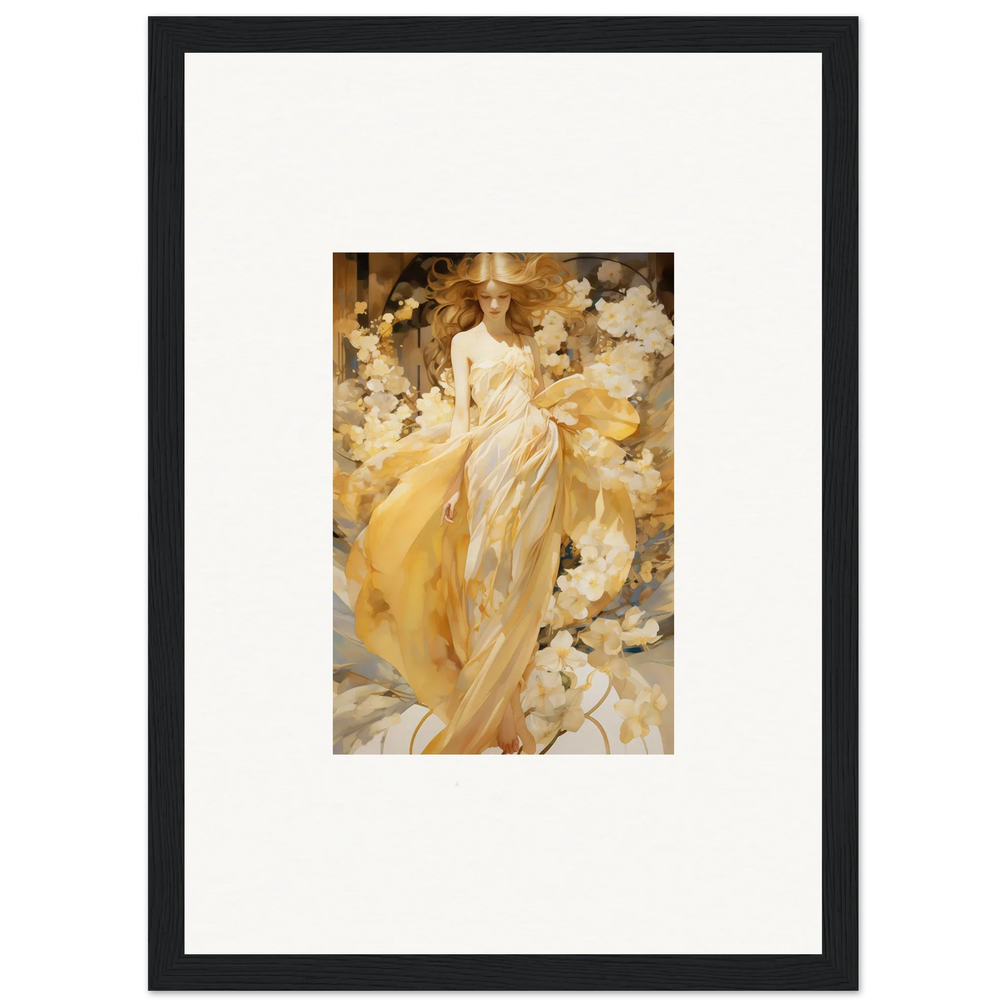 Woman in a yellow dress among flowers in a stunning Petal Serenade canvas print