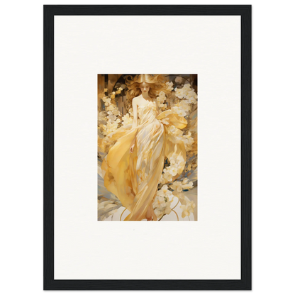 Woman in a yellow dress among flowers in a stunning Petal Serenade canvas print