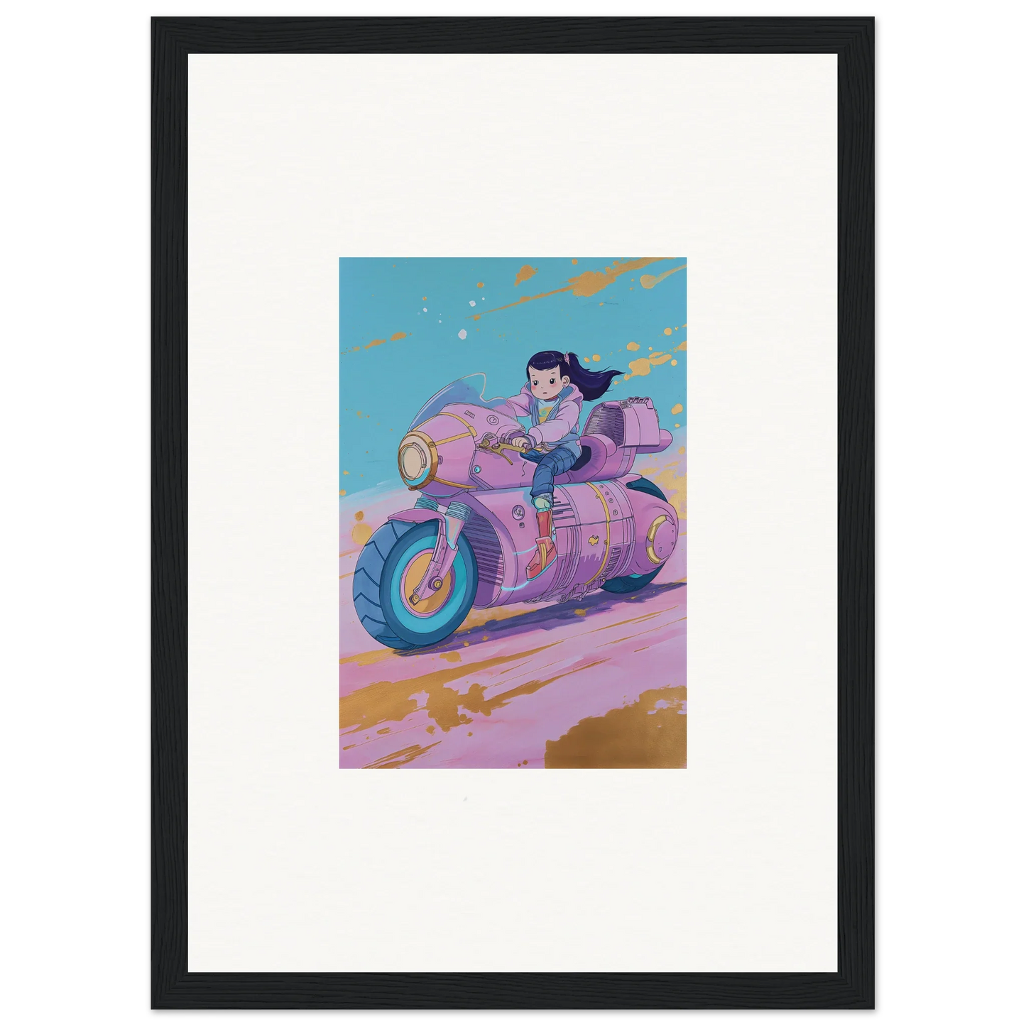 Stylized illustration of a person on a pink motorcycle for Paintfall Venture canvas print