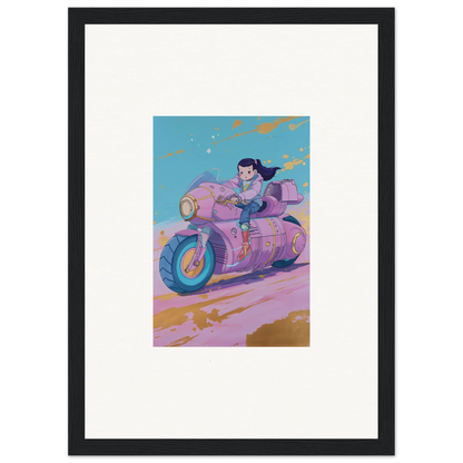 Stylized illustration of a person on a pink motorcycle for Paintfall Venture canvas print