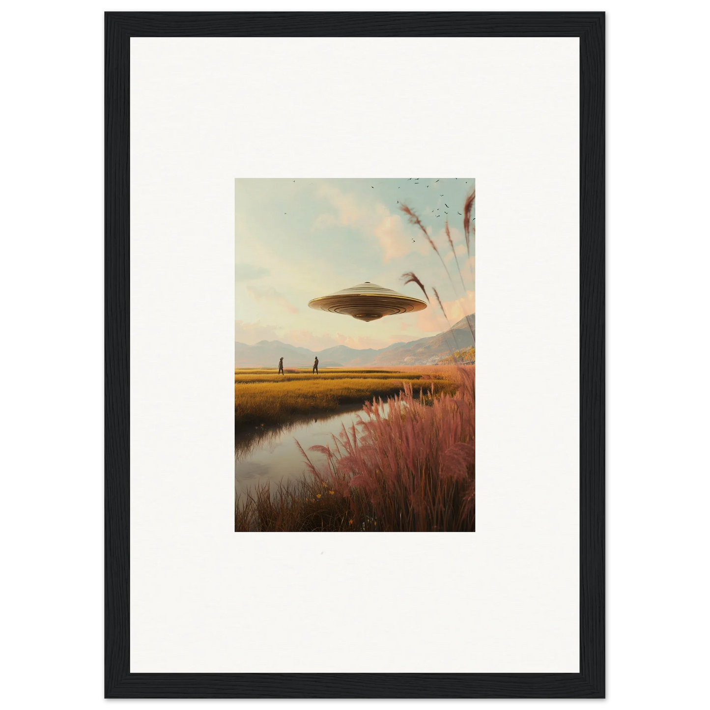 Flying saucer over a rural landscape in Meadow Raindancers framed wall art