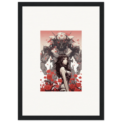 Framed wall art of a woman with a mechanical figure in red flowers, perfect room decoration