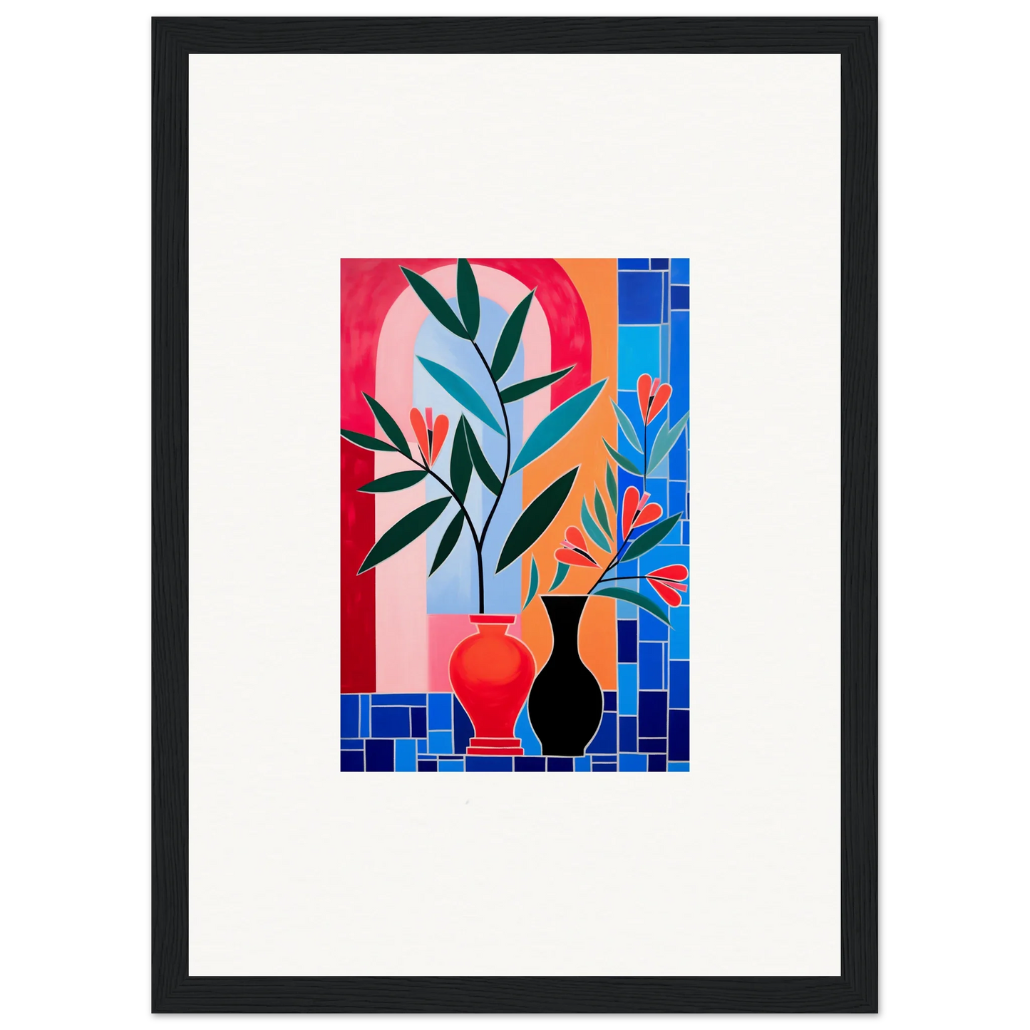 Colorful abstract painting of ceramic blooms and plants for vibrant room decor