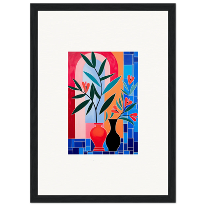 Colorful abstract painting of ceramic blooms and plants for vibrant room decor