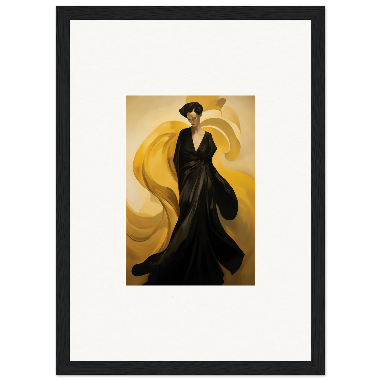 Elegant figure in black gown with golden fabric, great for sun waves room decoration canvas print