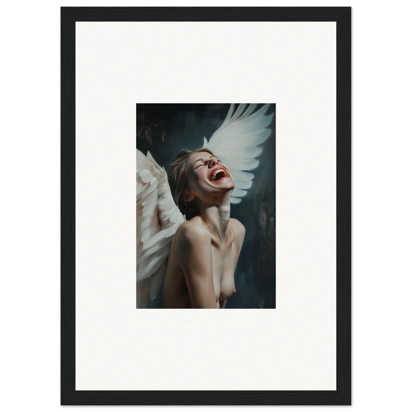 Framed Laughing Etheriad wall art of a figure with white wings, perfect room decoration