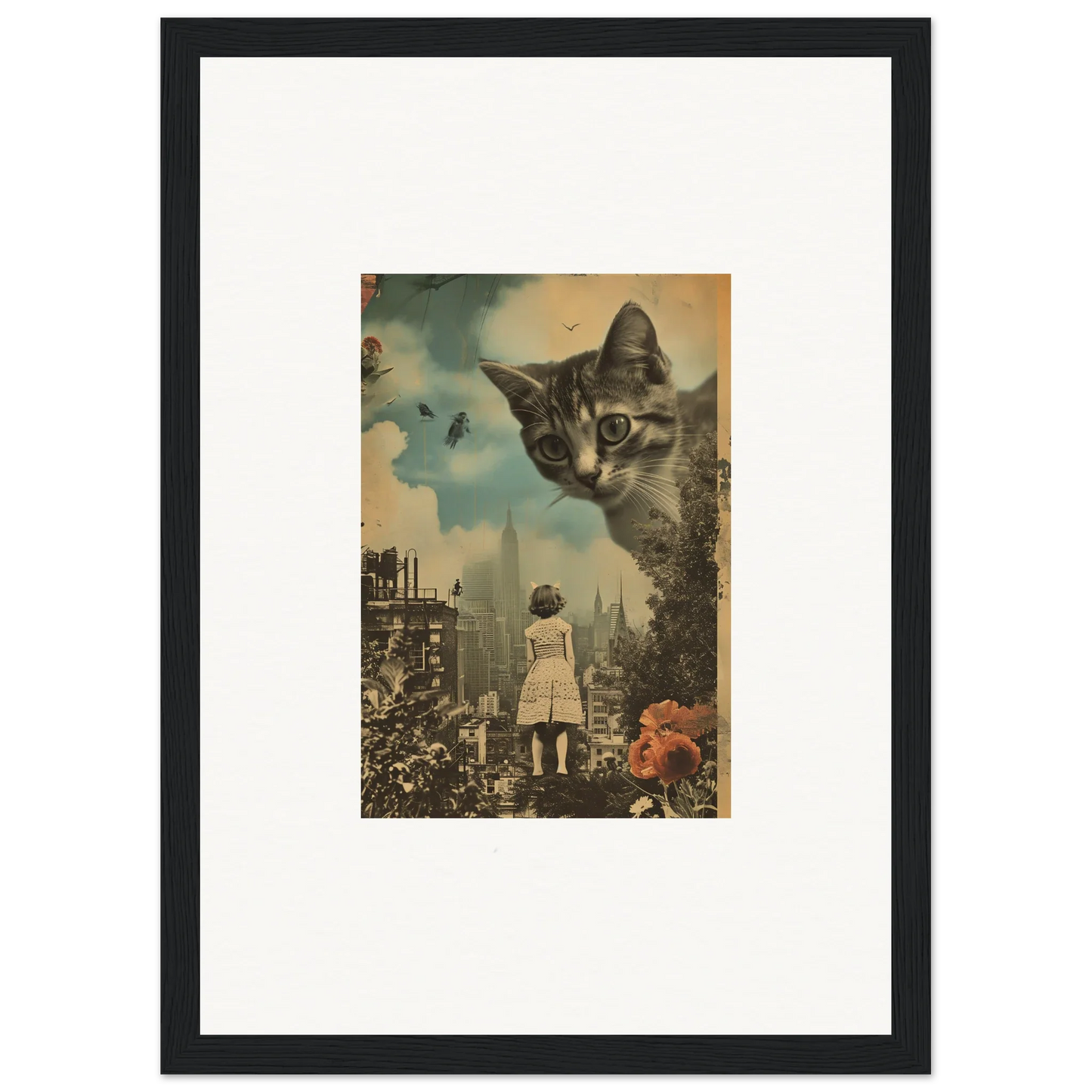 Surrealist canvas print of a giant cat face and city for unique room decoration