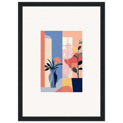 Abstract geometric canvas print of stylized plants and vases in pastel colors for room decoration