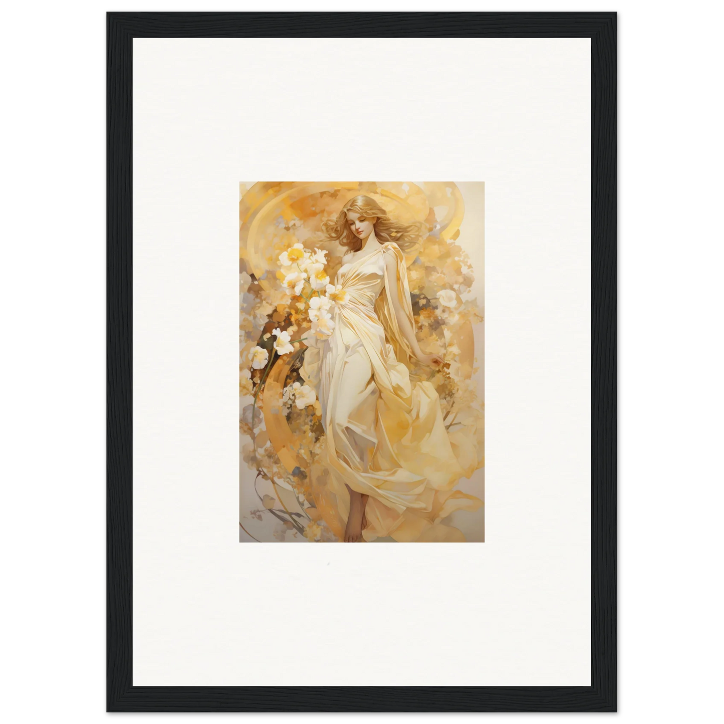 Framed canvas print of a woman in a flowing white dress for ethereal symphony room decoration