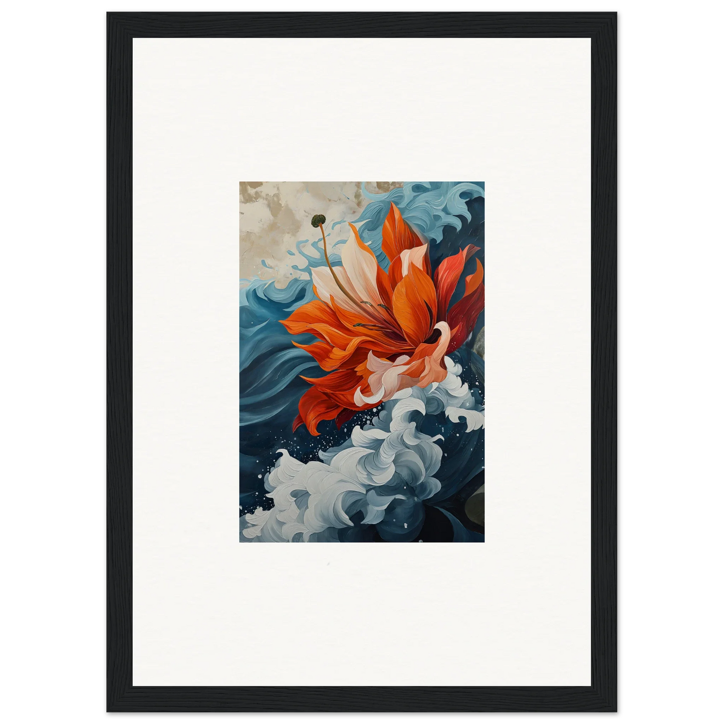 Vibrant orange goldfish in blue waves for a stunning Petal Odyssey canvas print