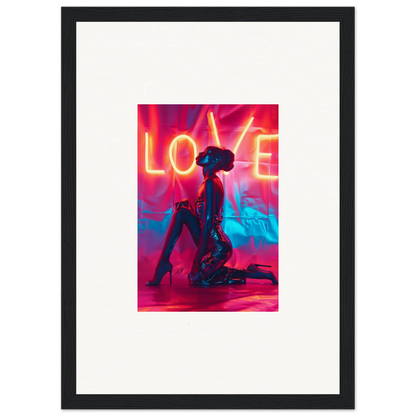 Silhouette of a kneeling figure with a neon LOVE sign, perfect for wall art or room decoration