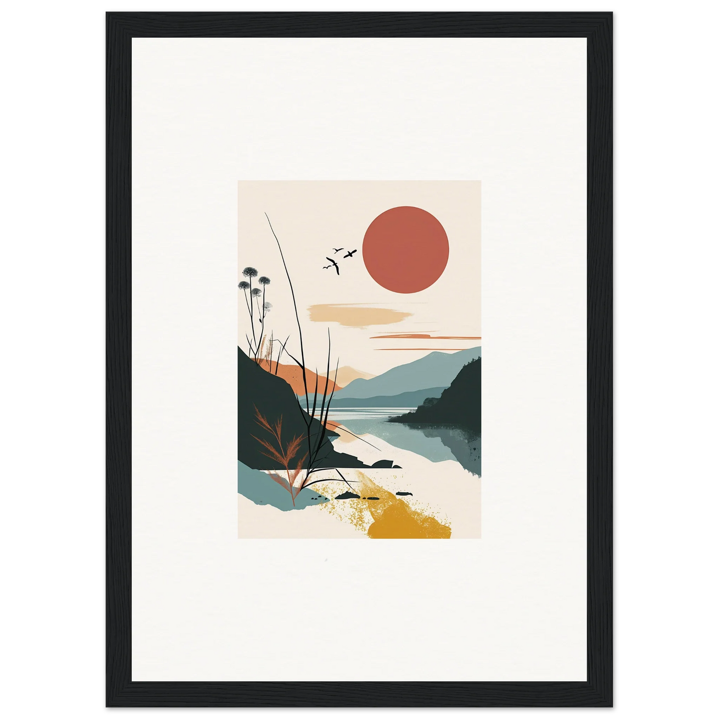 Minimalist landscape canvas print of Sunrise Unfurled with sunset, mountains, and water