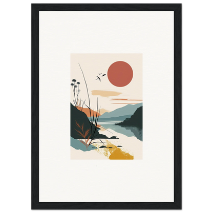 Minimalist landscape canvas print of Sunrise Unfurled with sunset, mountains, and water